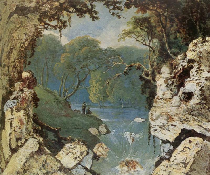 William Hodges Wooded river landscape with a waterfall